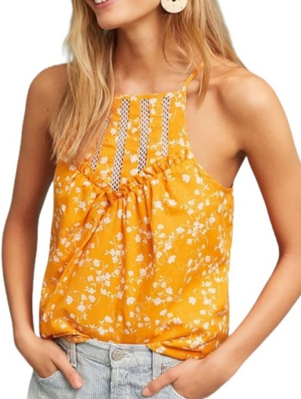 Maeve Anthropologie Martell Lace Floral Halter Cotton Mustard Sz XL